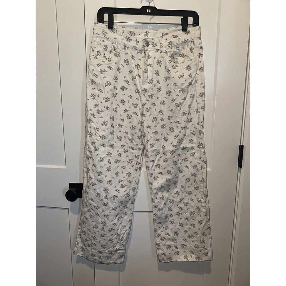 H&M Women’s Jeans 6 White Floral Relaxed Wide Leg Twill Pants